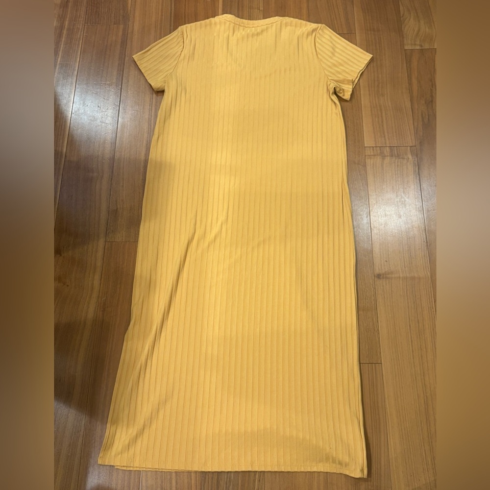 Women’s LOFT Beach Ribbed Midi Mustard Yellow Dress Short Sleeve Size Medium - Picture 6 of 10